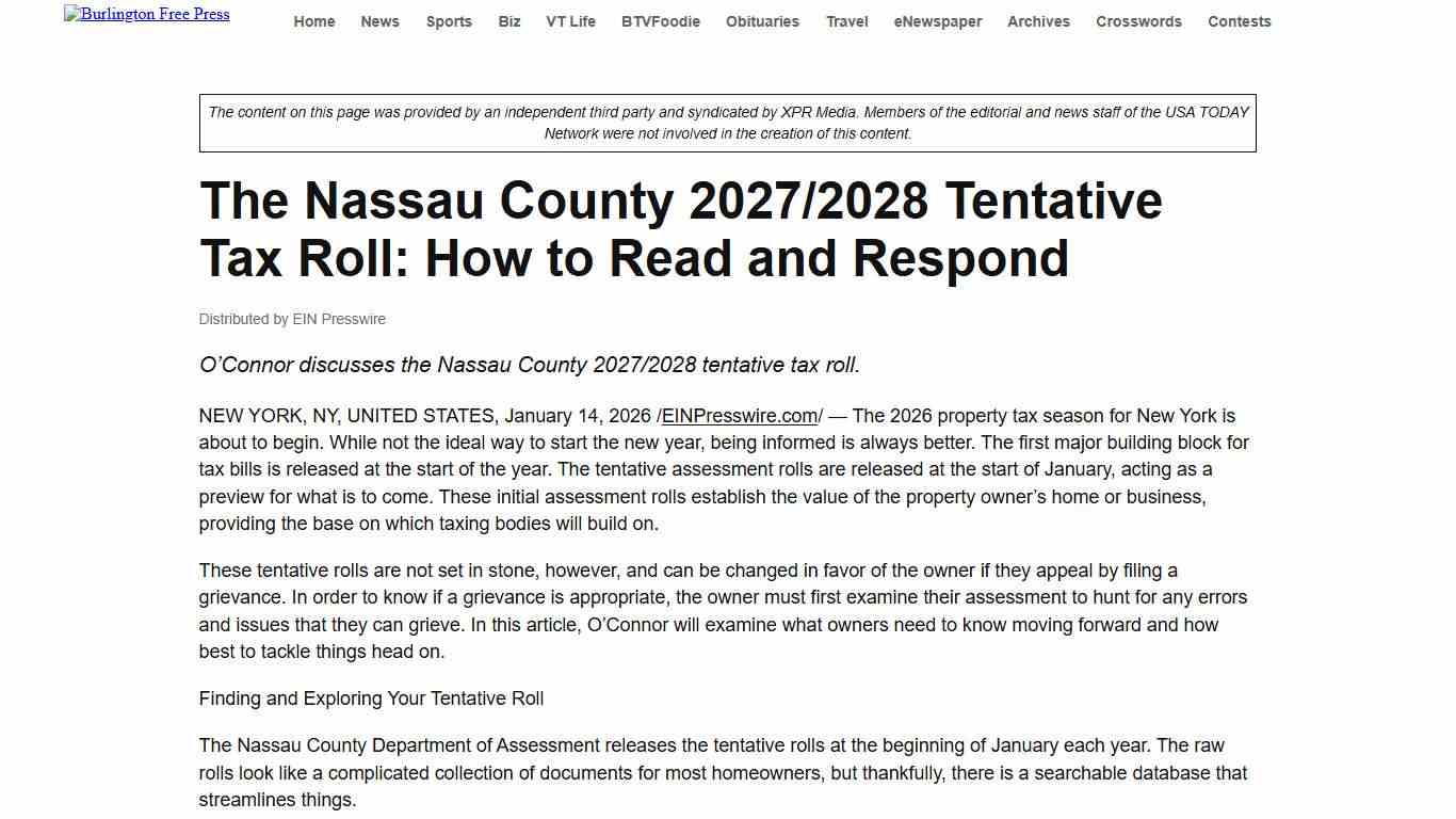The Nassau County 2027/2028 Tentative Tax Roll: How to Read and Respond - The Burlington Free Press - XPR